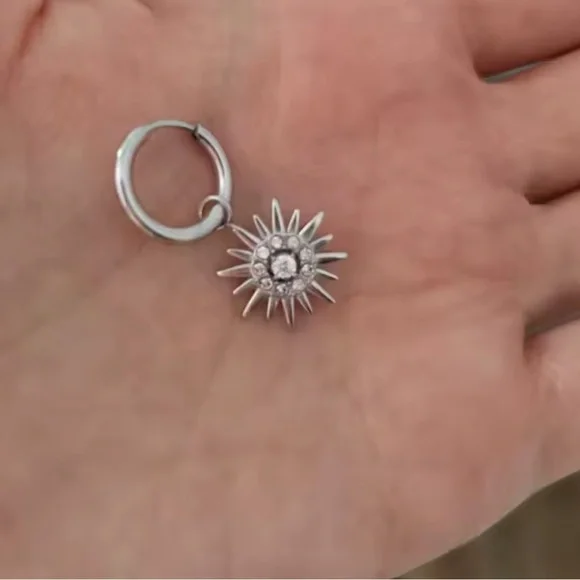 Sunburst Stainless Silver Waterproof Hoop Earrings - Picture 13 of 13